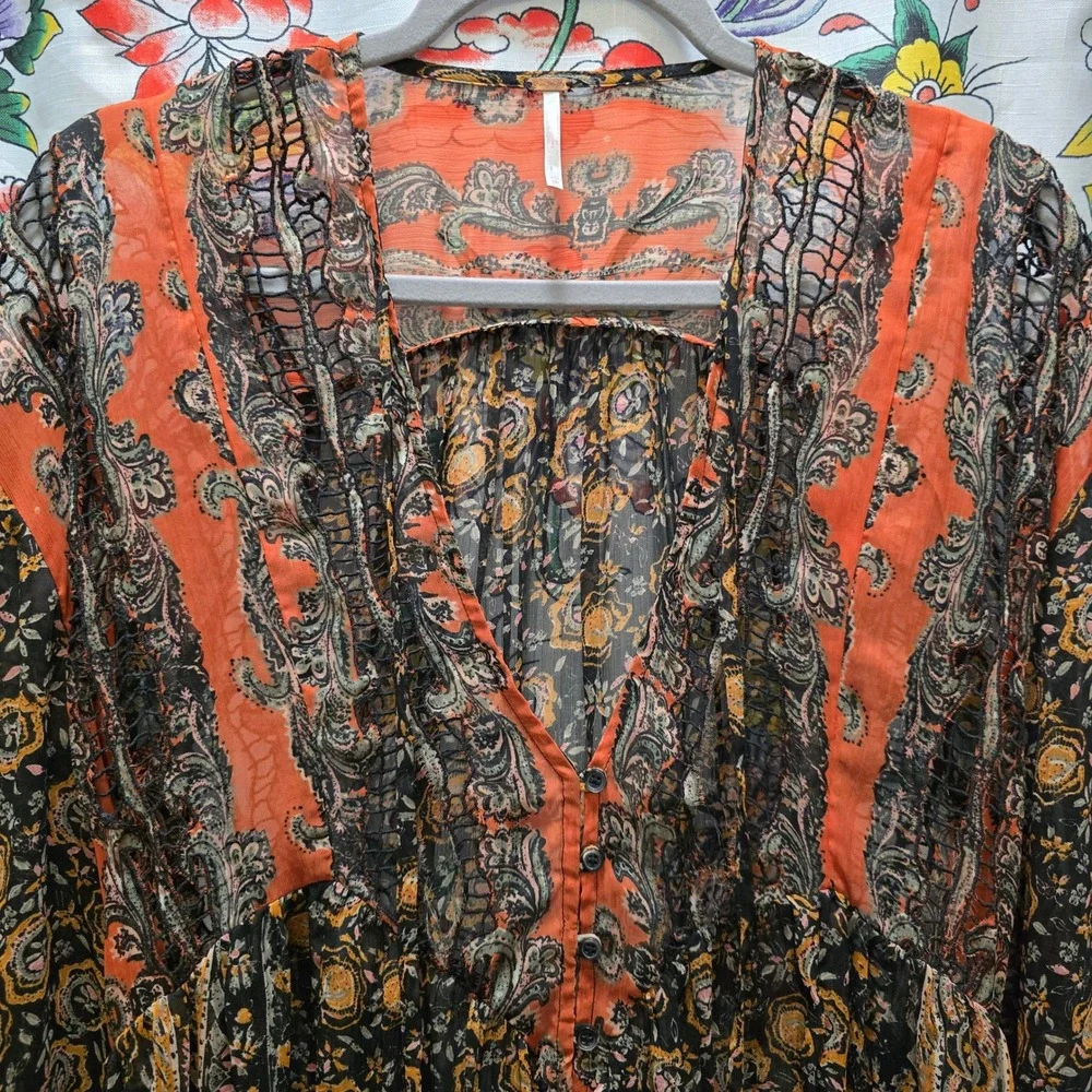 Free People Boho Paisley‎ Floral Sheer Maxi Dress Orange Black Long Sleeve XS